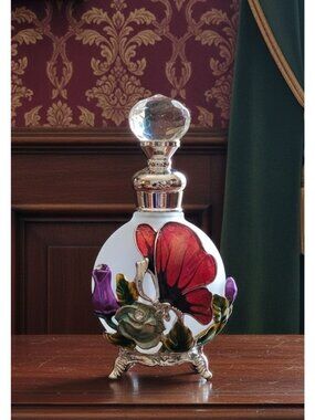 Butterfly perfume Bottle Frosted With Floral Accents & Crystal Stopper